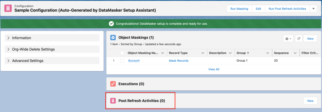 Post Refresh Activities' tab highlighted in the Data Masker configuration setup on Salesforce.