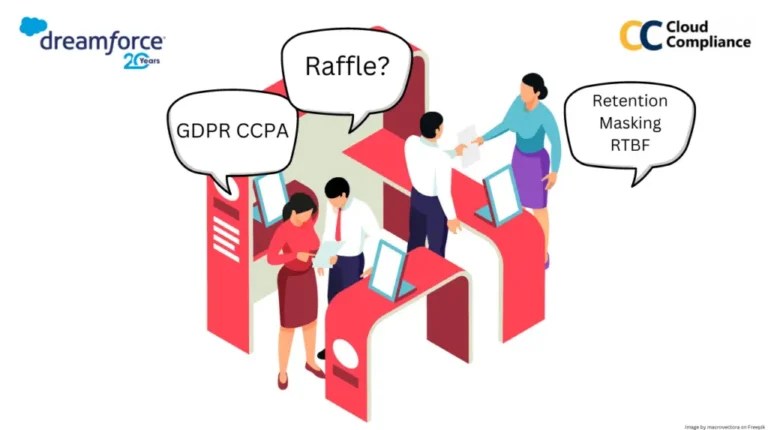 Illustration of people at a Dreamforce event booth discussing GDPR, CCPA, and data management topics.