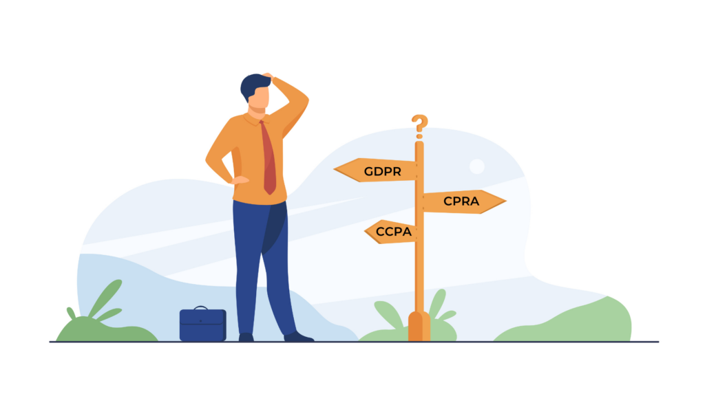 Confused man standing at a crossroad signpost with GDPR, CCPA, and CPRA directions.