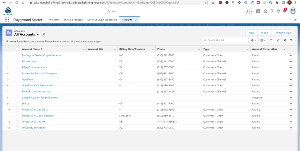 Salesforce account list view in the Salesforce Lightning interface.