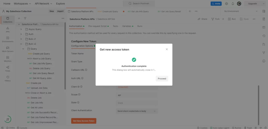 Authentication completion notification overlaying the Postman API platform.