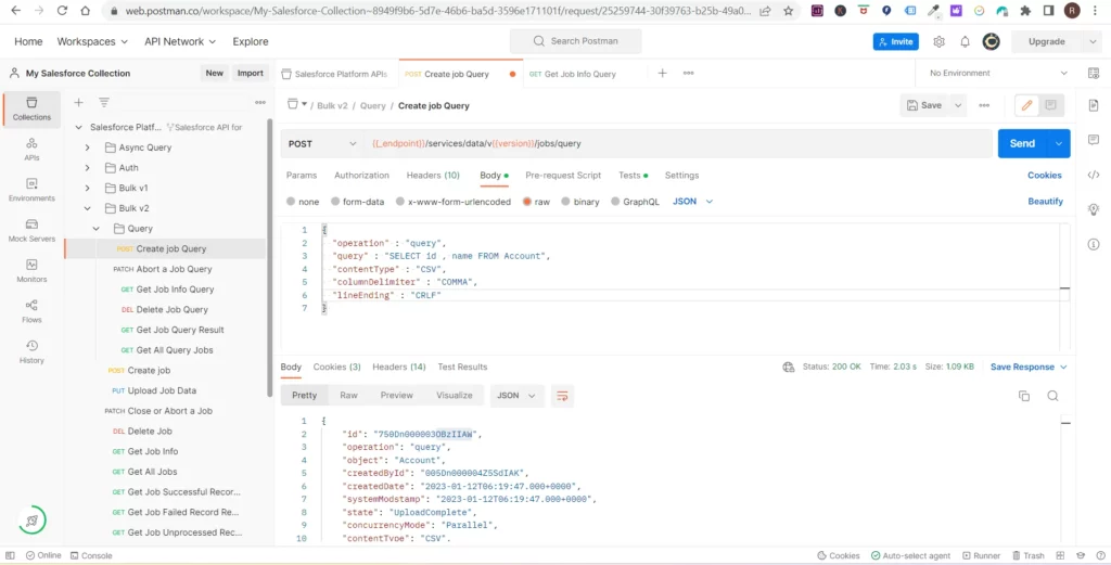 Salesforce bulk API query setup in Postman with a successful JSON response.