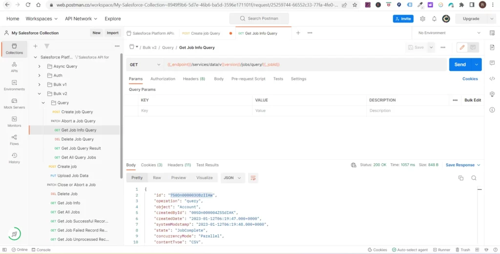 A detailed view of a GET request for job info in Salesforce using Postman.