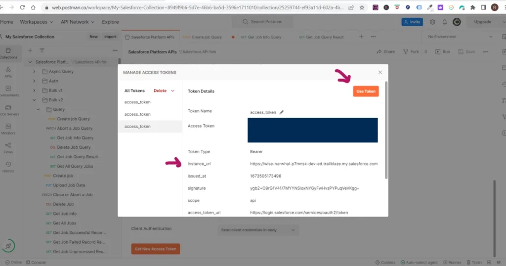 Access tokens management in Postman for Salesforce APIs.