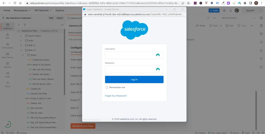 Login page for Salesforce in a web browser overlaying the Postman API platform.