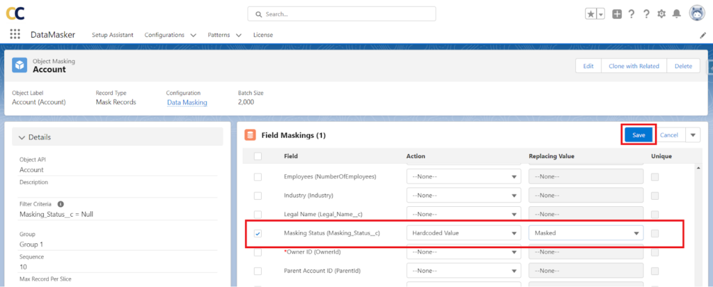 Detail view of 'Masking Status' field setup with 'Hardcoded Value: Masked' in DataMasker for Salesforce.