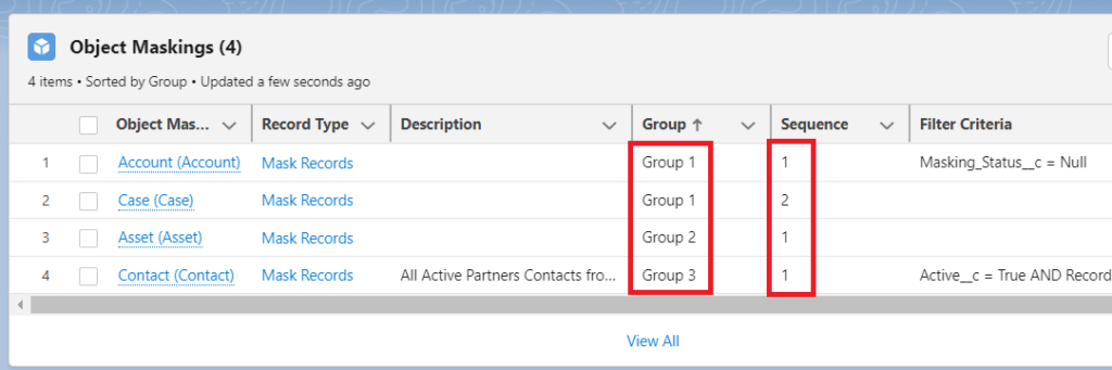Salesforce Object Maskings list showing different objects sorted by Group and Sequence for data masking setup.