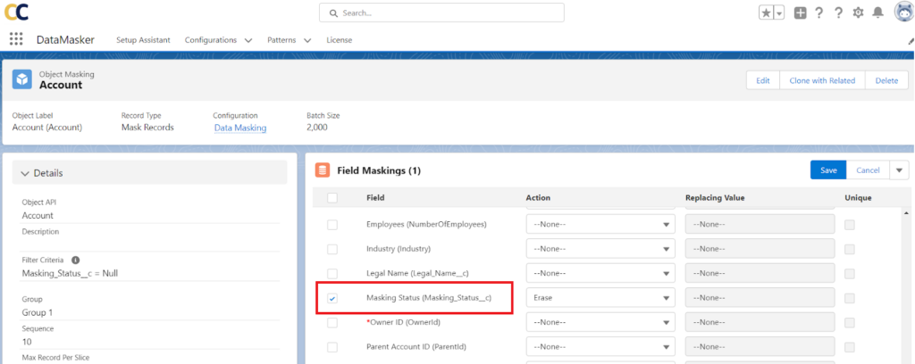 DataMasker setup highlighting the 'Masking Status' field for the Account object in Salesforce.