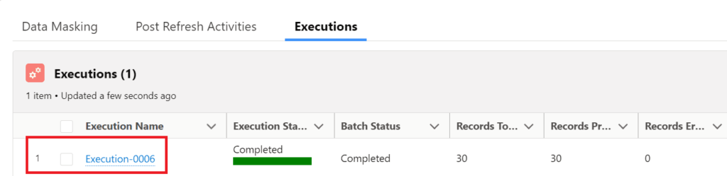 Dashboard view of Salesforce Data Masking showing 'Execution-0016' marked as completed with over 11 million records processed successfully.