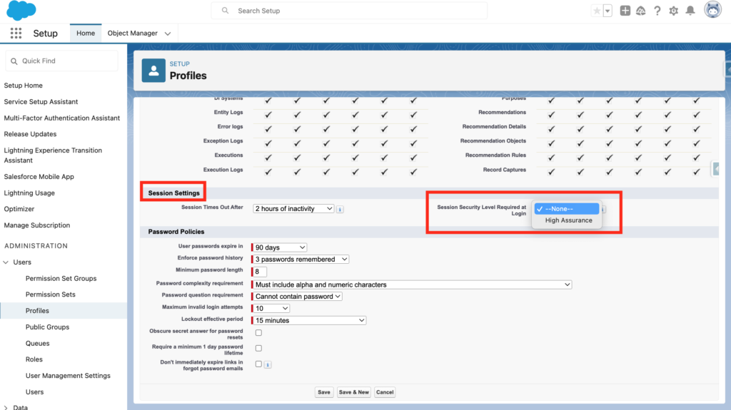Screenshot of the Salesforce 'Session Settings' configuration page with 'Session Security Level Required at Login' dropdown highlighted.