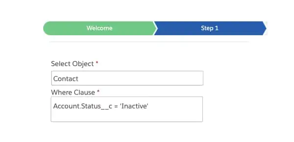 Screenshot of a data selection interface with a 'Welcome' banner and 'Step 1' indicating the process stage