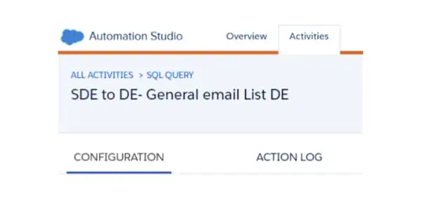 User interface of Automation Studio showing an 'Activities' tab selected with a sub-section for 'SQL Query' titled 'SDE to DE- General email List DE'.