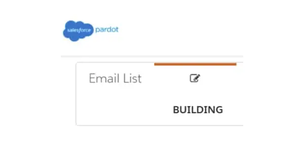 Interface of Salesforce Pardot with a status indicator showing an 'Email List' currently in the 'BUILDING' phase.