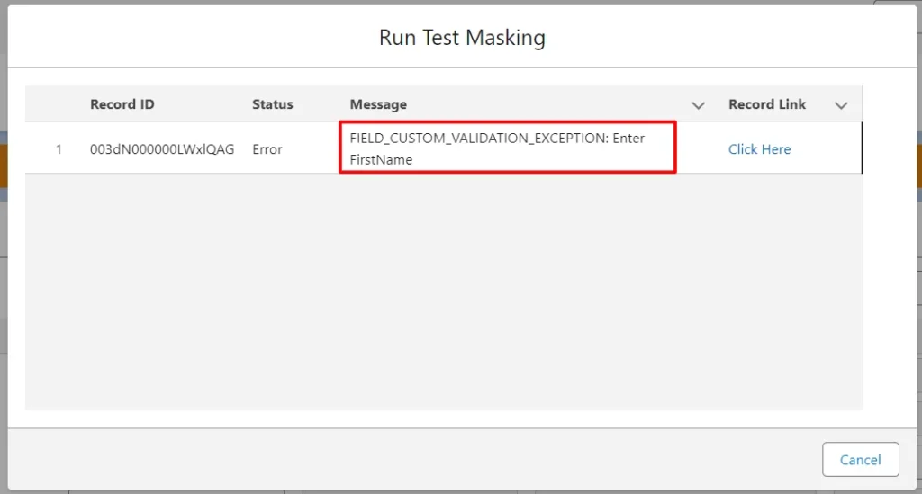 Display of an error status in run test masking due to a validation exception