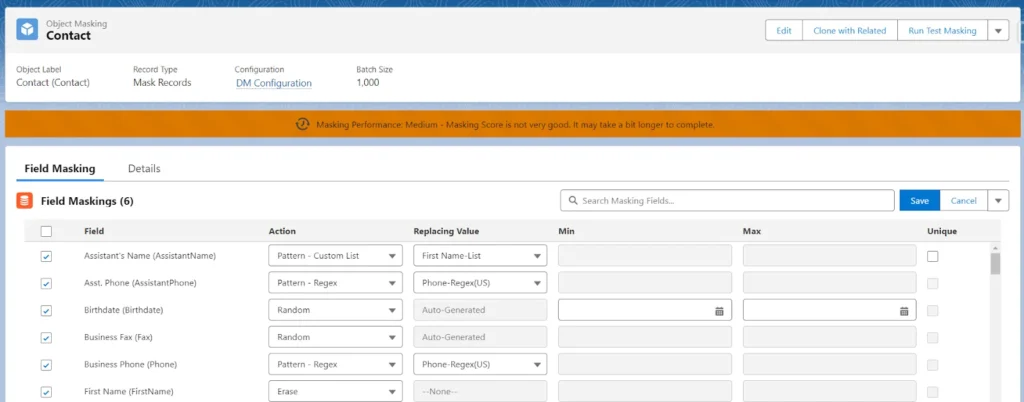 Screenshot of field masking configuration settings in Salesforce