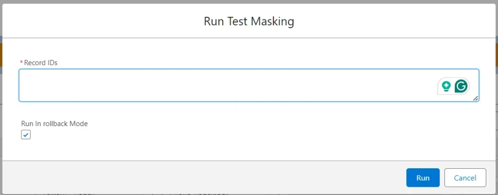 Input field for entering Record IDs in Salesforce test masking