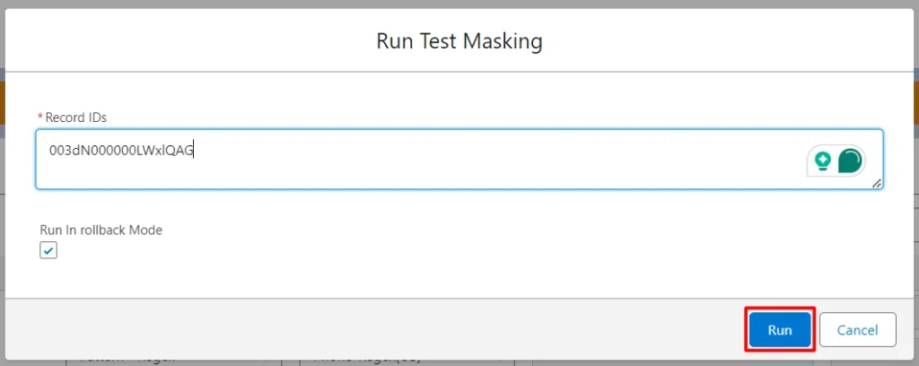 Button to initiate run test masking in Salesforce