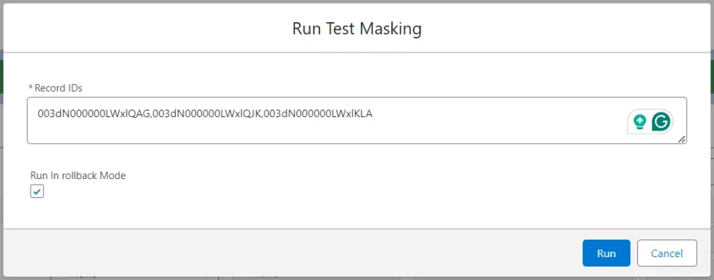 Interface displaying options to run test masking with rollback mode checked