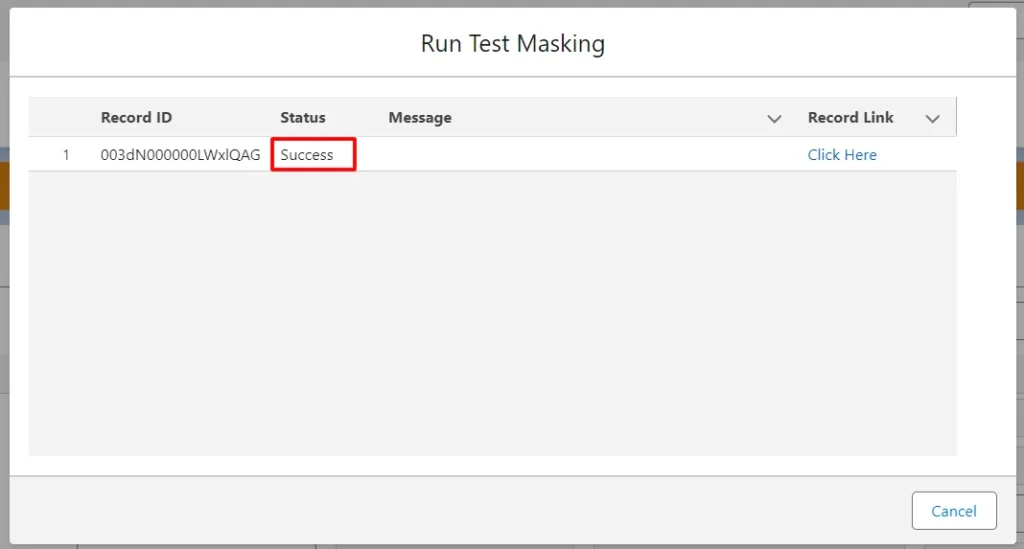 Success notification in Salesforce test masking